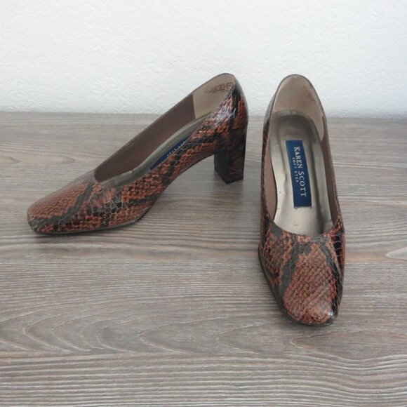 Karen Scott DEANNA Leather Snakeskin Brown Pumps Heels Shoes 5.5 Block Heel - Picture 1 of 16